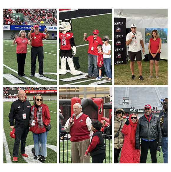 A collage showing six different Golden Huskies being recognized at NIU home football games.